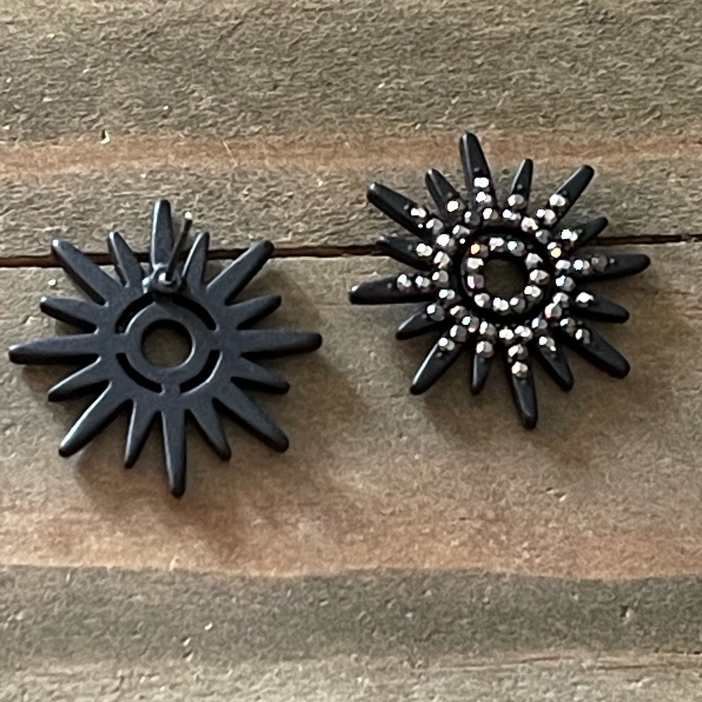 Black Starburst Rhinestones, Crystals Boho Vintage Inspired Sparkle Earrings - Picture 2 of 5